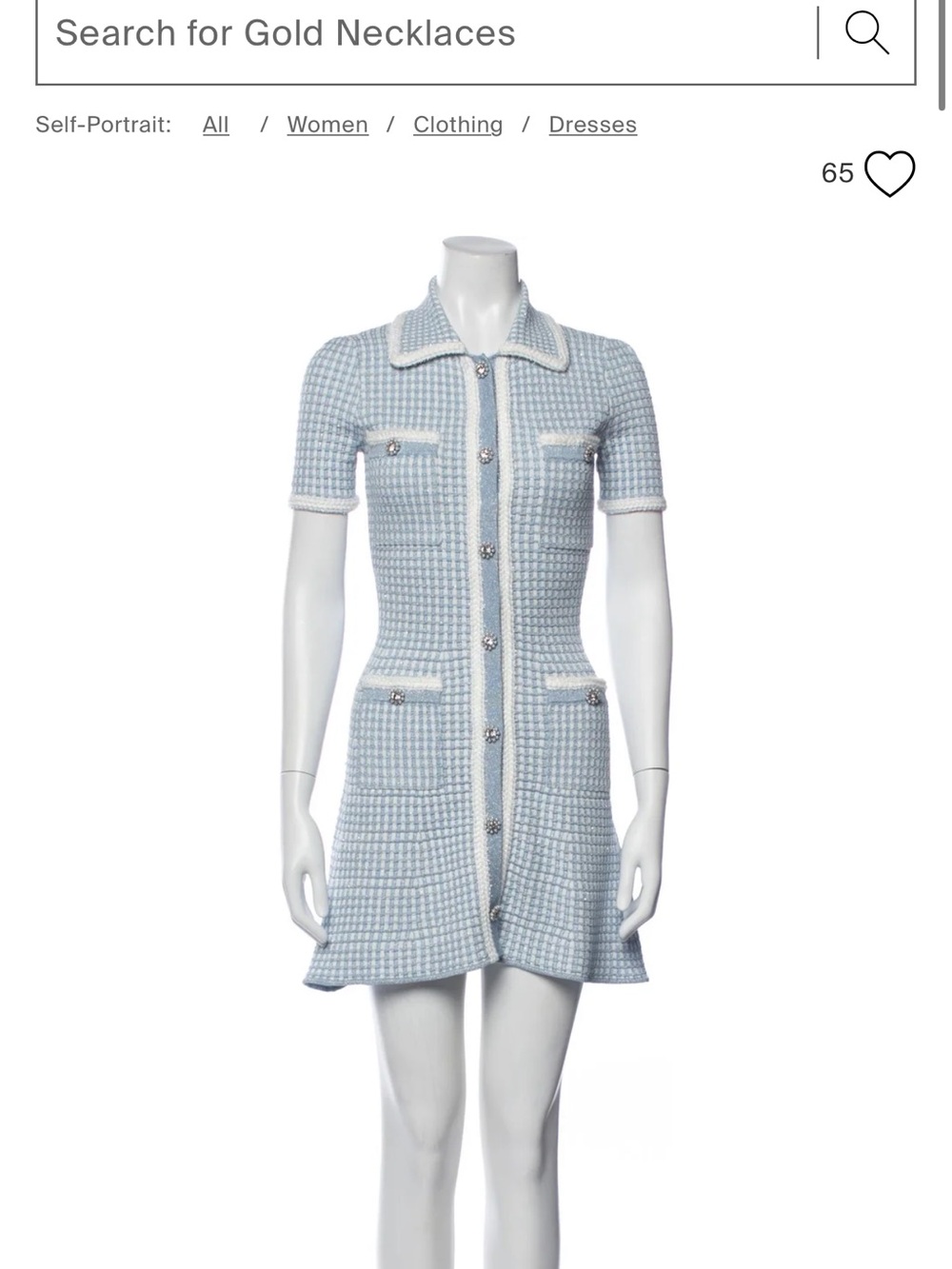Self-Portrait Light Blue and Ivory Tweed Button-Front Mini Dress
